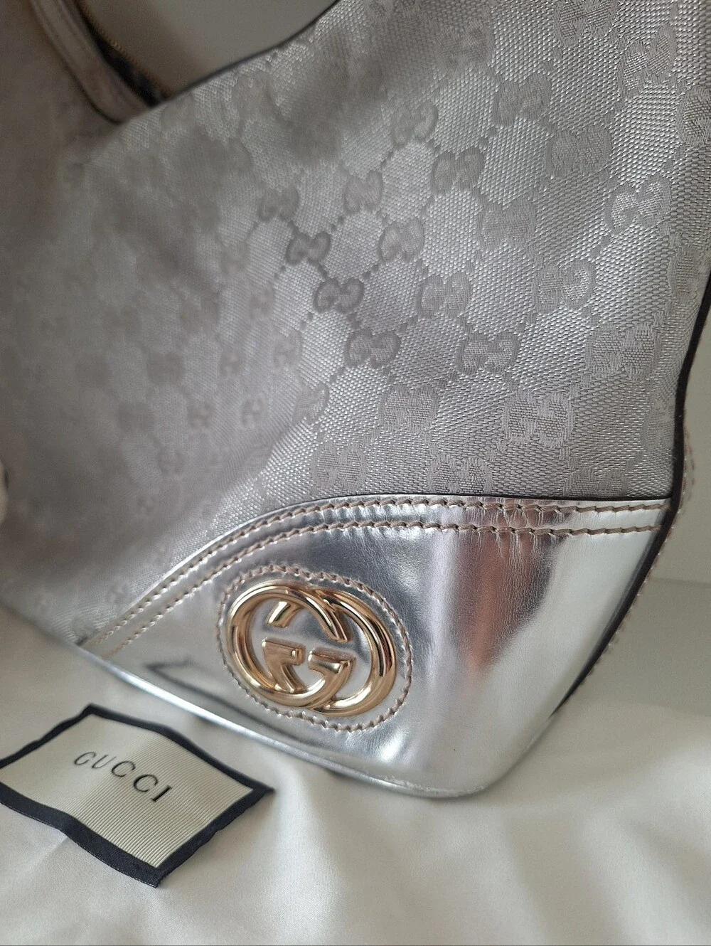 Gucci Metallic Silver Monogram Hobo EUC
